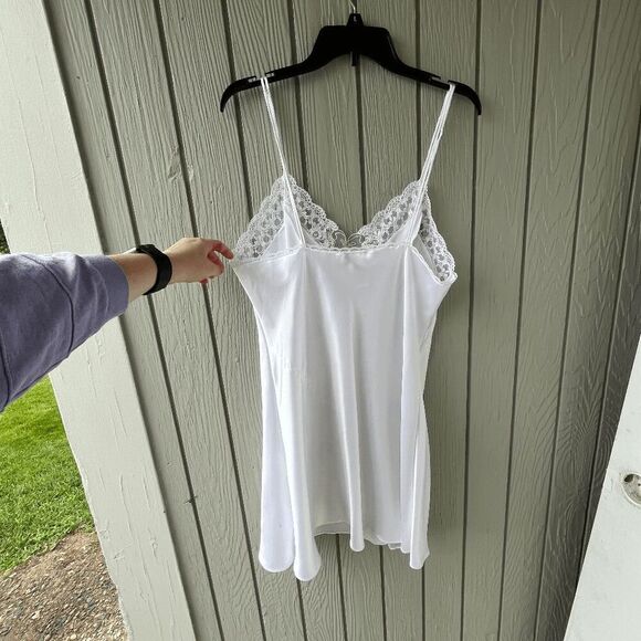 Vintage Val Mode White Satin Slip Dress w/ Pearl Lace – Large - Picture 3 of 9